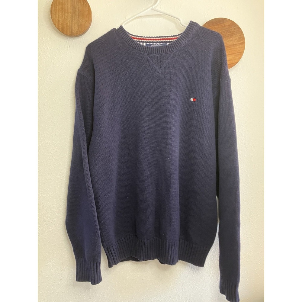 Men's Vintage Tommy Hilfiger Ribbed Knit Sweater Size L Navy Blue 100% Cotton
